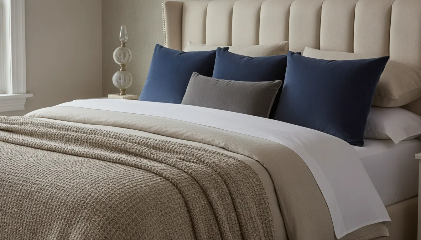 Three velvet Euro shams anchoring a layered king bed