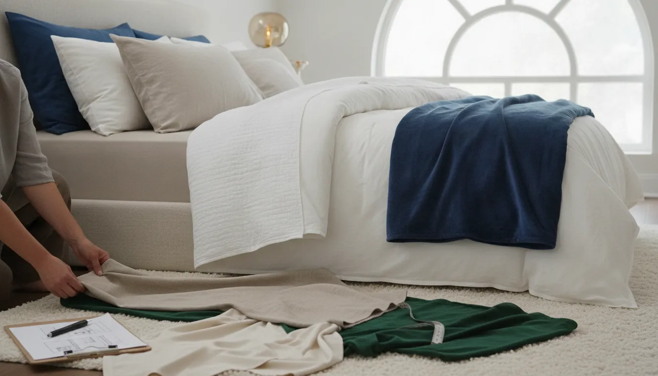 Interior designer reviewing textile swatches for a luxury bedding specification