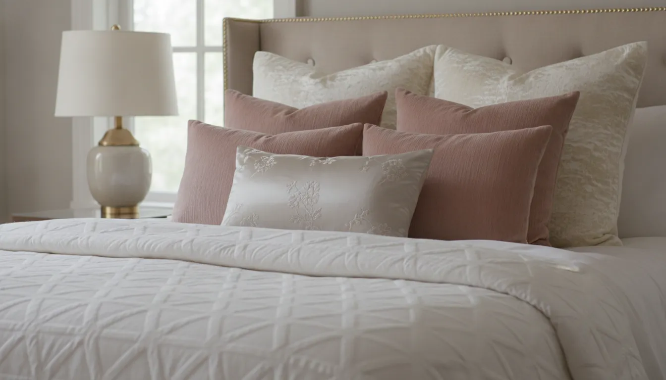 Close-up of layered white matelasse coverlet and velvet decorative pillows in soft neutral tones