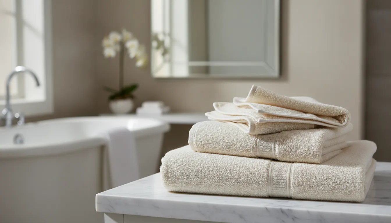 Stack of plush ivory and cream luxury bath towels on a marble counter