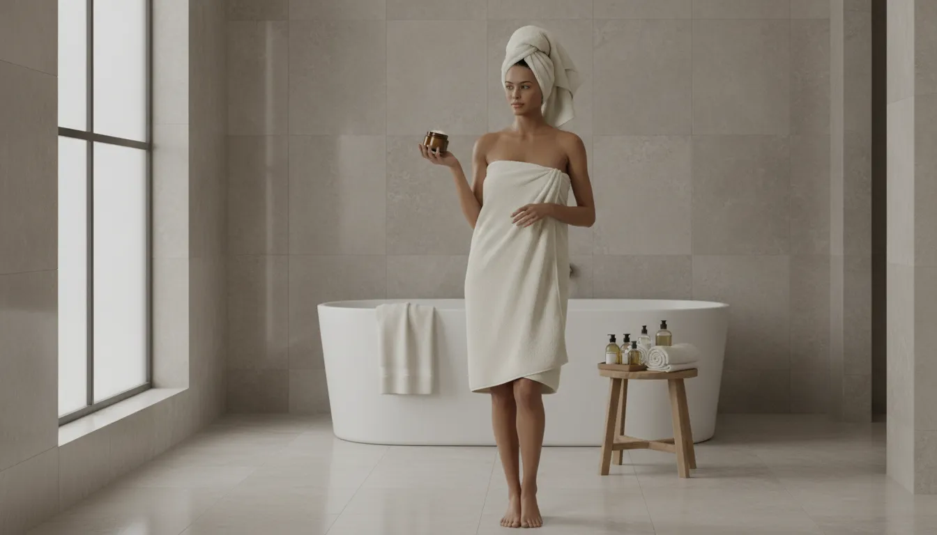 Woman wrapped in a plush white terry bath towel in an elegant spa bathroom