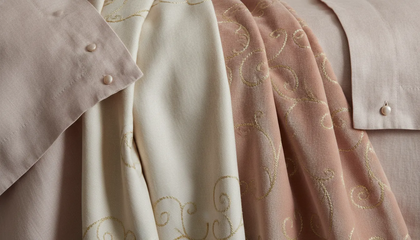 Hand-embroidered silk velvet bedding in soft blush and cream tones