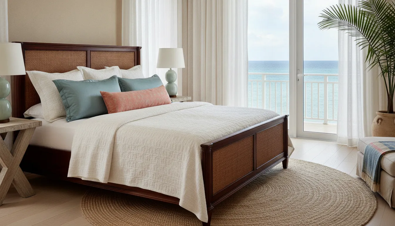 Refined island style bedding layered in ivory, sand, and sea-glass blue