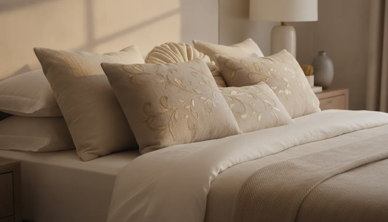 Ivory bedding styled with luxury decorative pillows