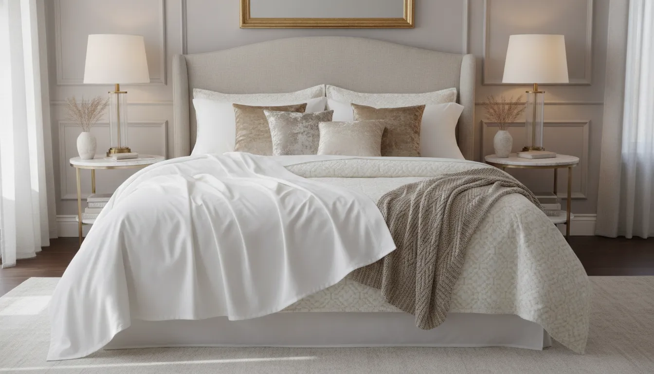 King size white Tencel sheet set styled with layered luxury bedding
