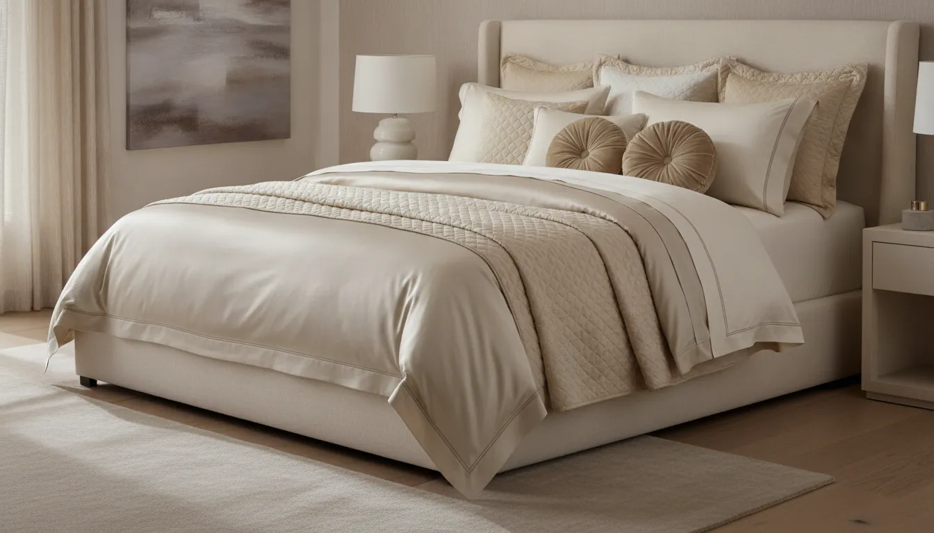 Luxury Lili Alessandra bedding layered in an elegant neutral bedroom