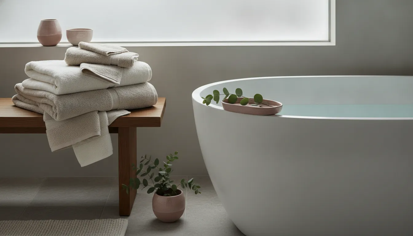 Folded organic cotton bath towels styled beside a serene luxury bathroom