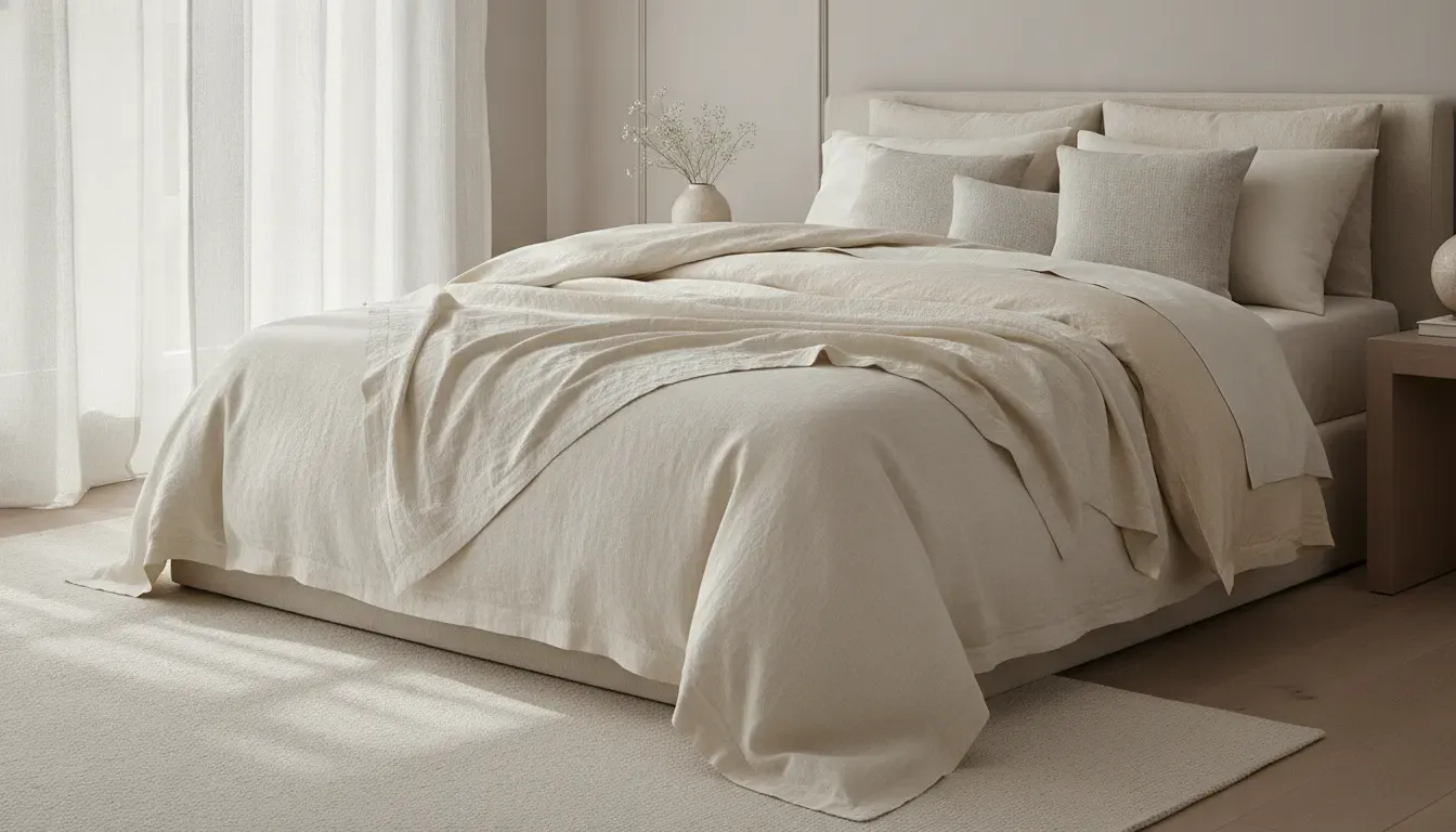 Airy luxury duvet cover styled on an elegant bedroom with lightweight bedding layers