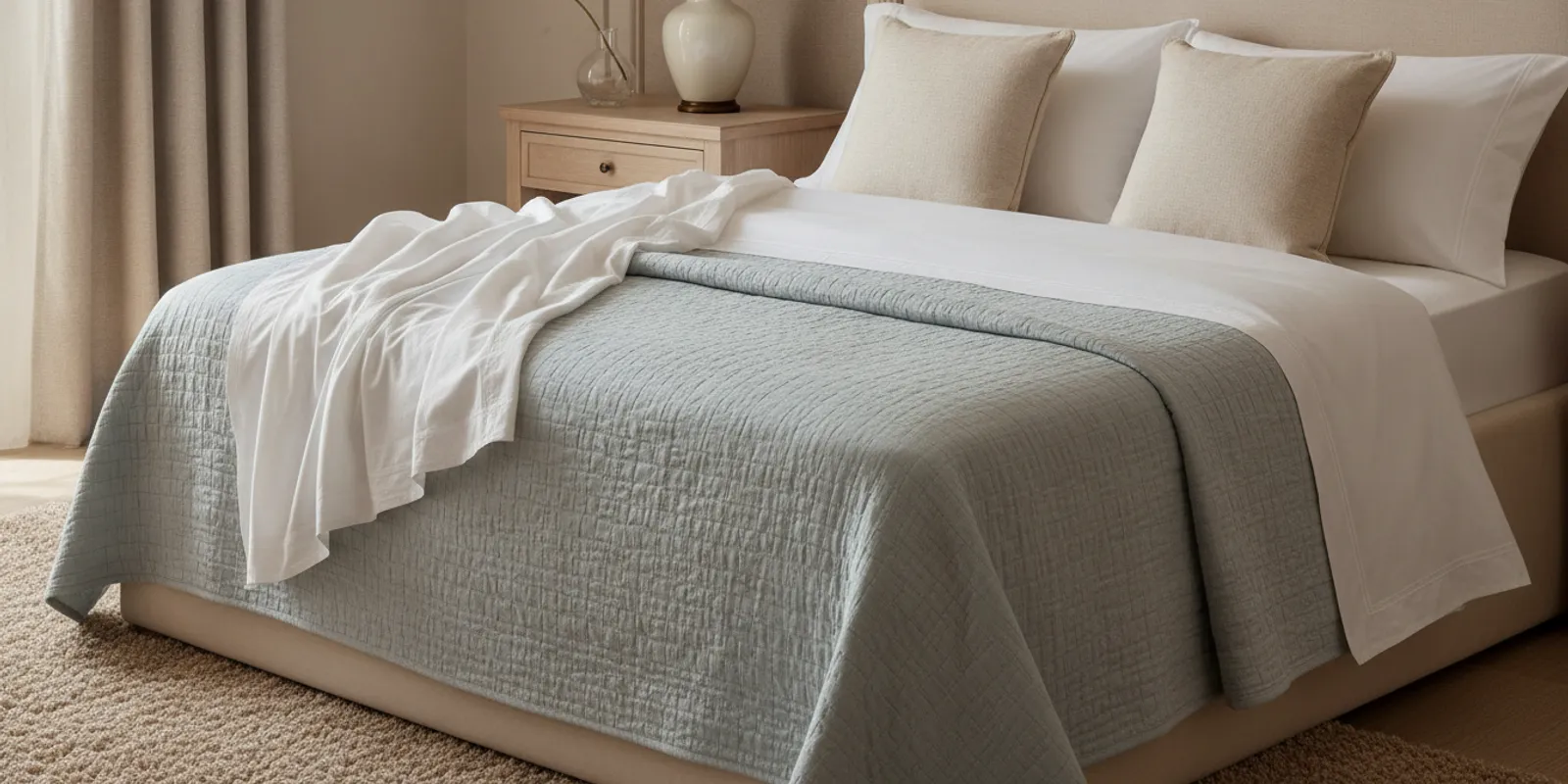 A serene summer bedroom with white linen bedding, a lightweight coverlet and softly layered pillows