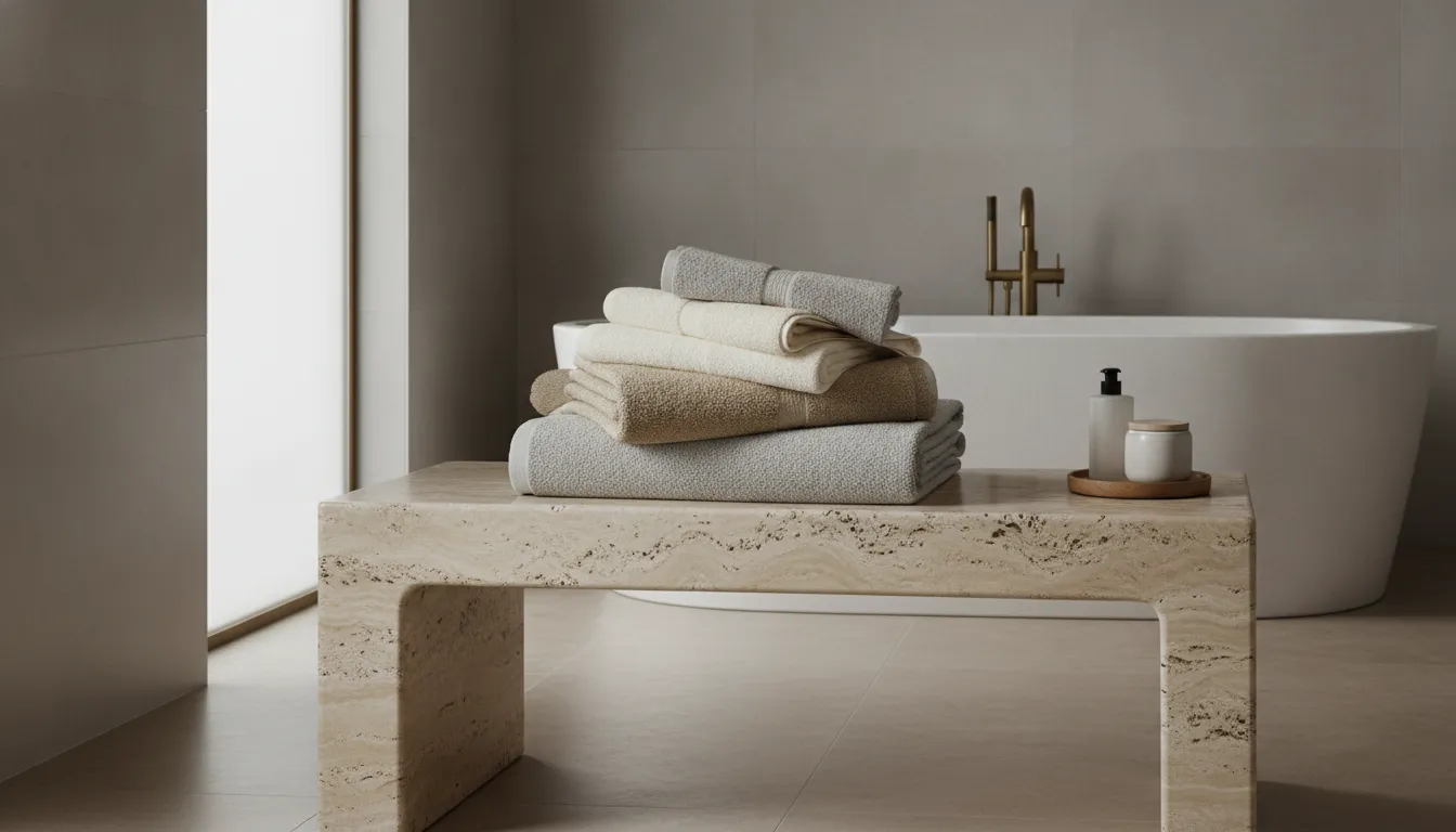Folded luxury bath towels in a serene neutral bathroom