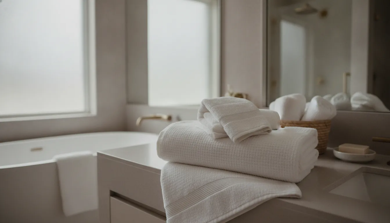 Luxury white bath towels styled in an elegant bathroom