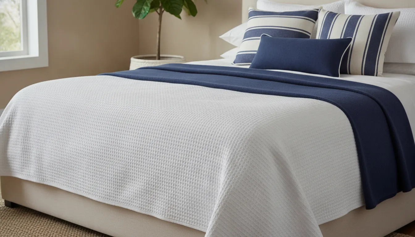 White textured coverlet and navy throw styled for a Margaritaville Belize bedroom