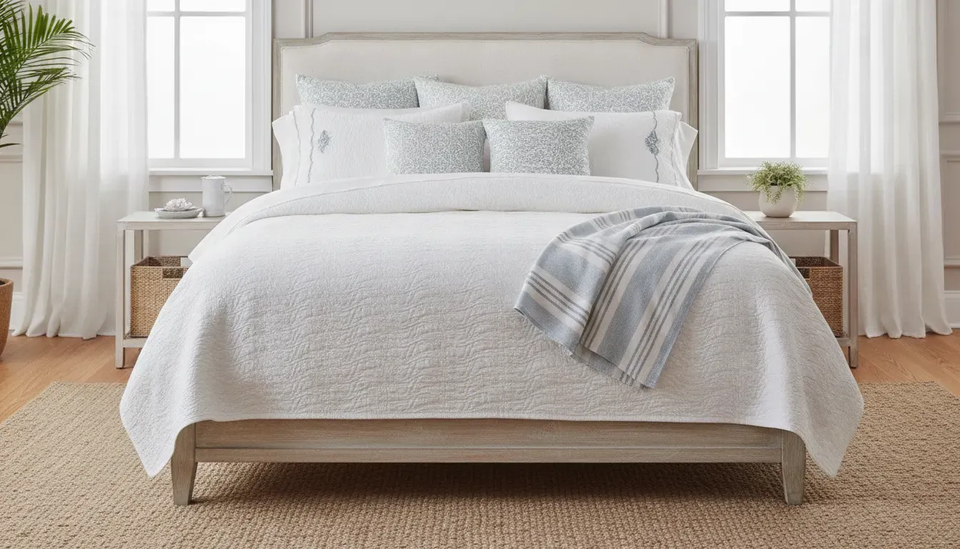 Refined Saltwater Keys bedding styled with a folded blue and white throw