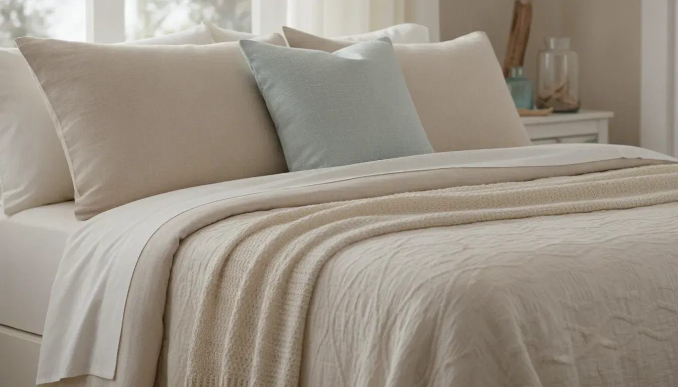 Layered Margaritaville Sandbar bedding with tonal sheets, textured coverlet, and restrained pillows