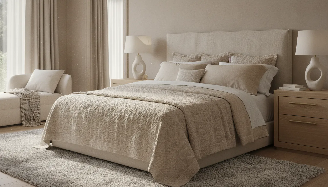 Raised matelasse coverlet folded across a contemporary bed