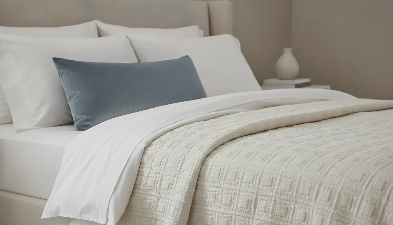 Modern bed layered with matelasse, linen, and a muted velvet pillow