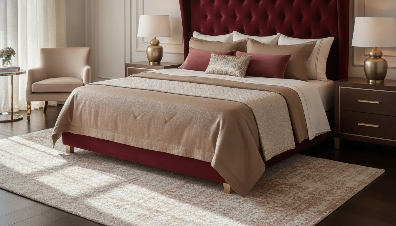 Deep red velvet king bed styled with ivory layers and tailored pillows