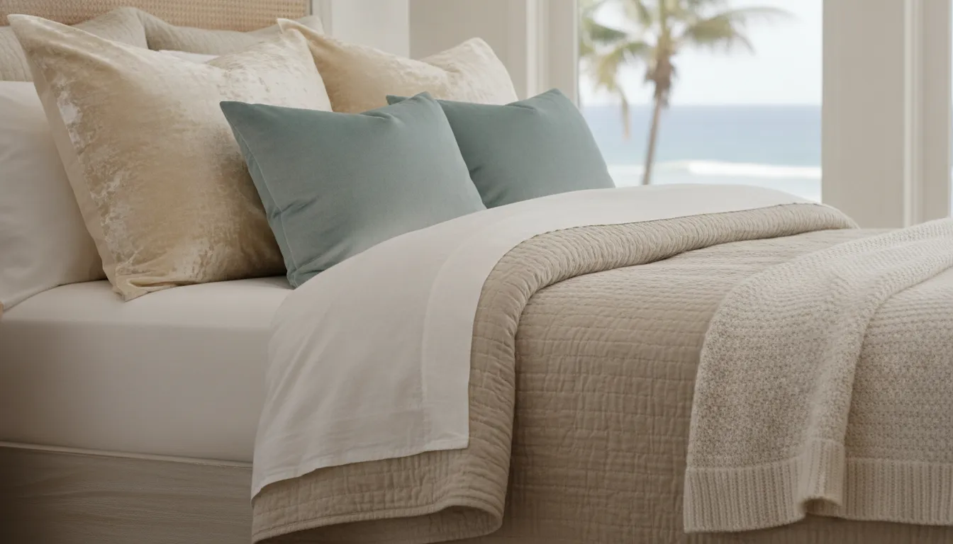 Fine linen, quilted cotton, and velvet textures for island style bedding