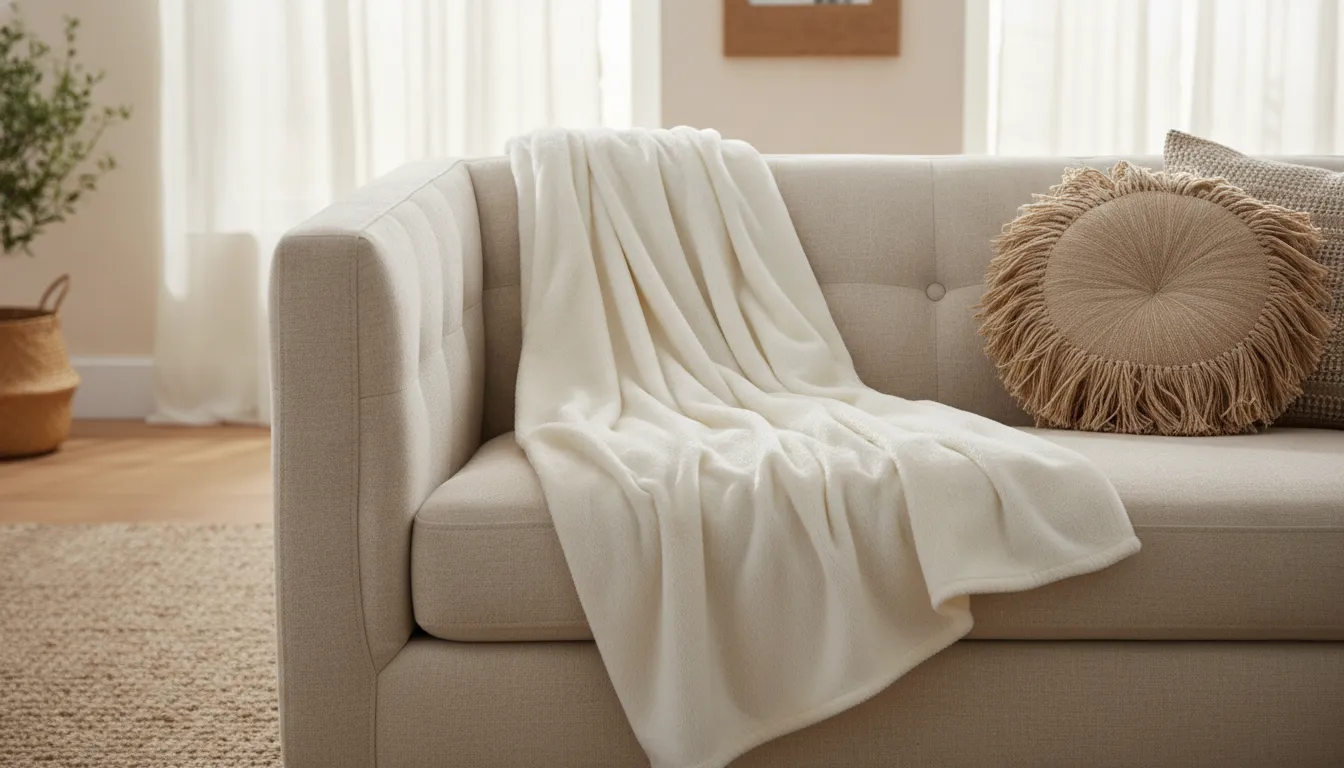Ivory throw blanket draped over a neutral sofa beside a fringed accent pillow in soft natural light