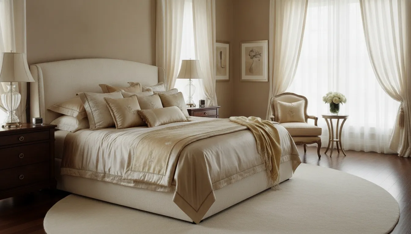 Silk accent pillows layered across a refined luxury bed