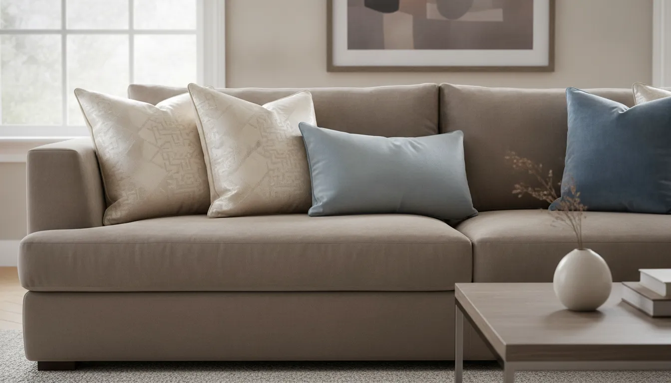 Silk accent pillows arranged on a softly tailored luxury sofa