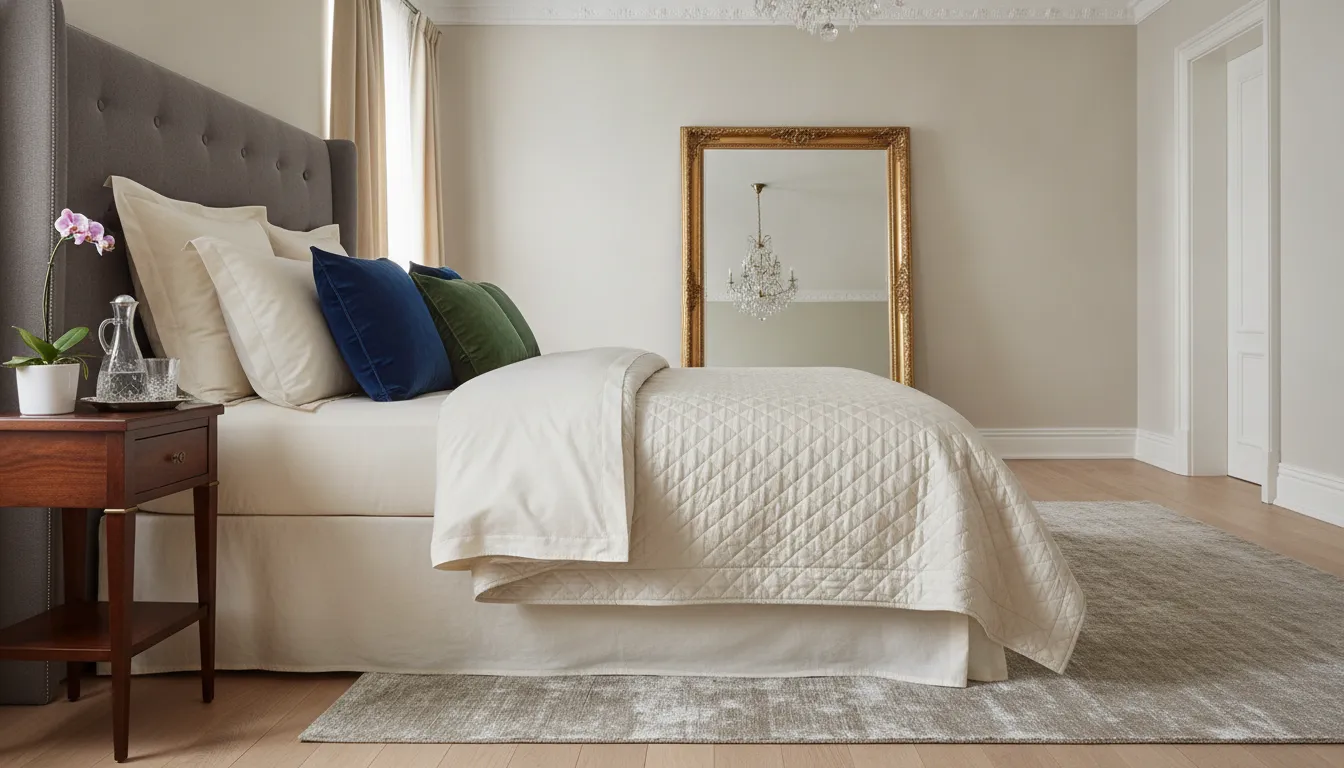 Jewel-toned velvet throw pillows layered with ivory bedding
