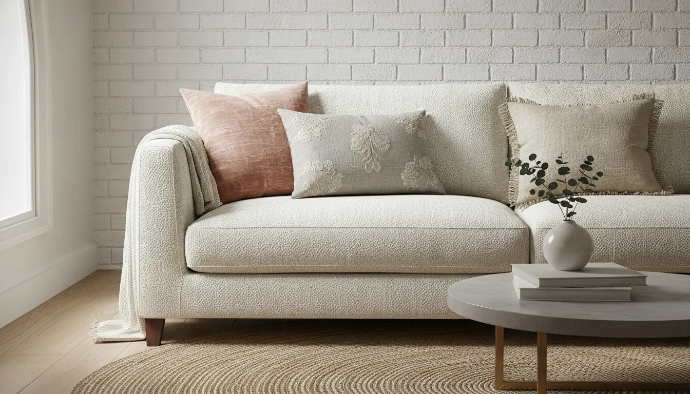 Blush velvet throw pillow styled with linen pillows on a sofa