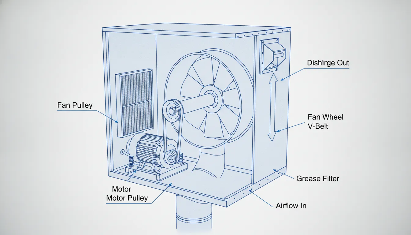 Cutaway diagram of a belt drive exhaust fan showing the belt and pulley system connecting motor to fan shaft