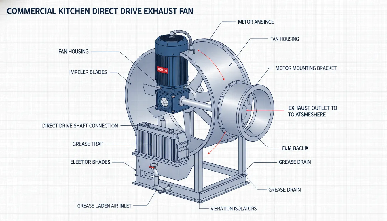 Cutaway diagram of a direct drive exhaust fan showing the motor directly connected to the fan wheel shaft