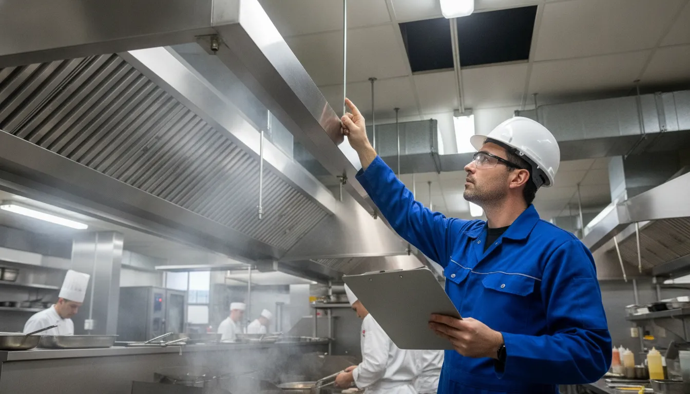 Fire marshal inspecting a commercial kitchen hood installation