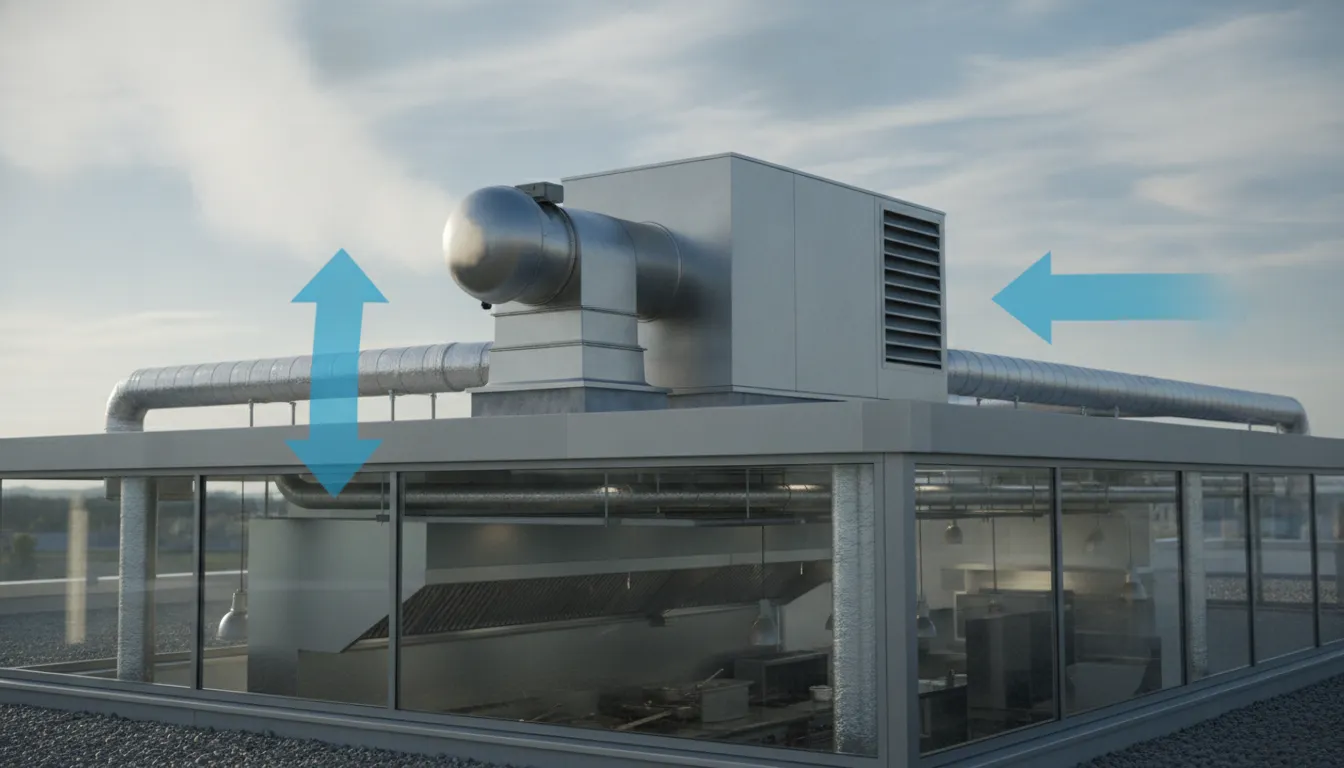 Commercial kitchen exhaust fan and make-up air system showing balanced airflow on a rooftop installation