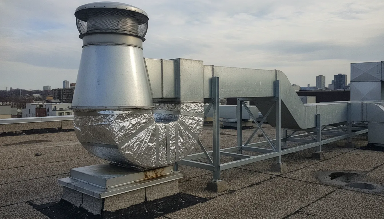 Close-up of a commercial upblast exhaust fan mounted on a restaurant roof with metal ductwork