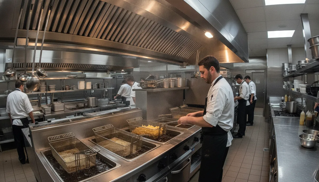 Type 1 commercial kitchen hood installed over a stainless steel fryer line with baffle filters