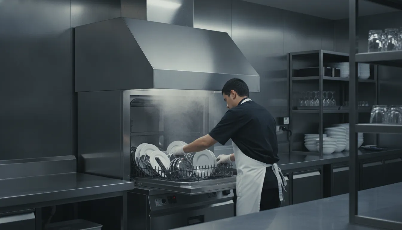 Type 2 exhaust hood over a commercial dishwasher in a restaurant wash area