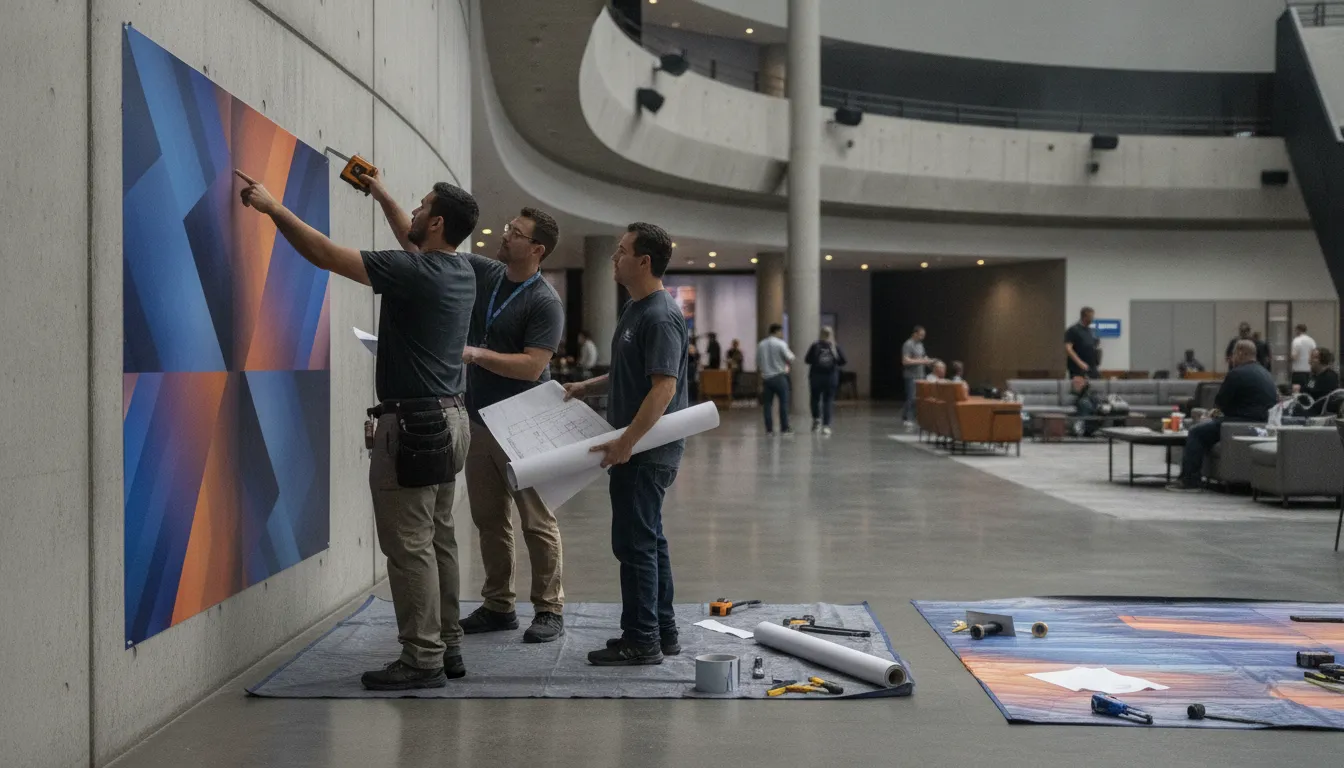 Casino graphics installation crew planning a phased changeover around guest areas