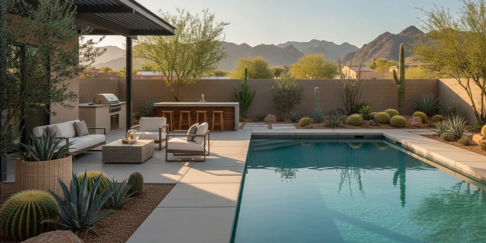 A Phoenix-area backyard with a swimming pool, shaded seating, desert planting, and an outdoor dining area