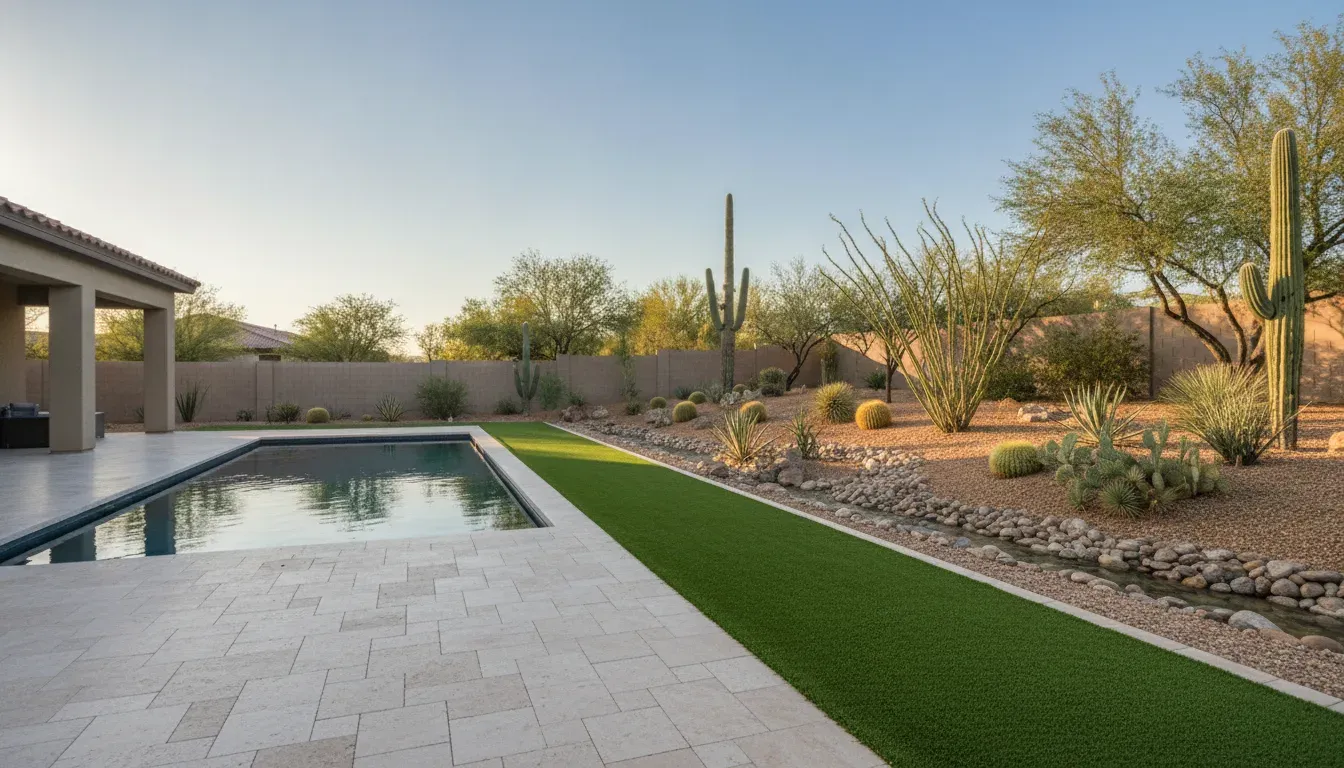 Artificial turf beside a Phoenix pool, paver patio, and desert landscape