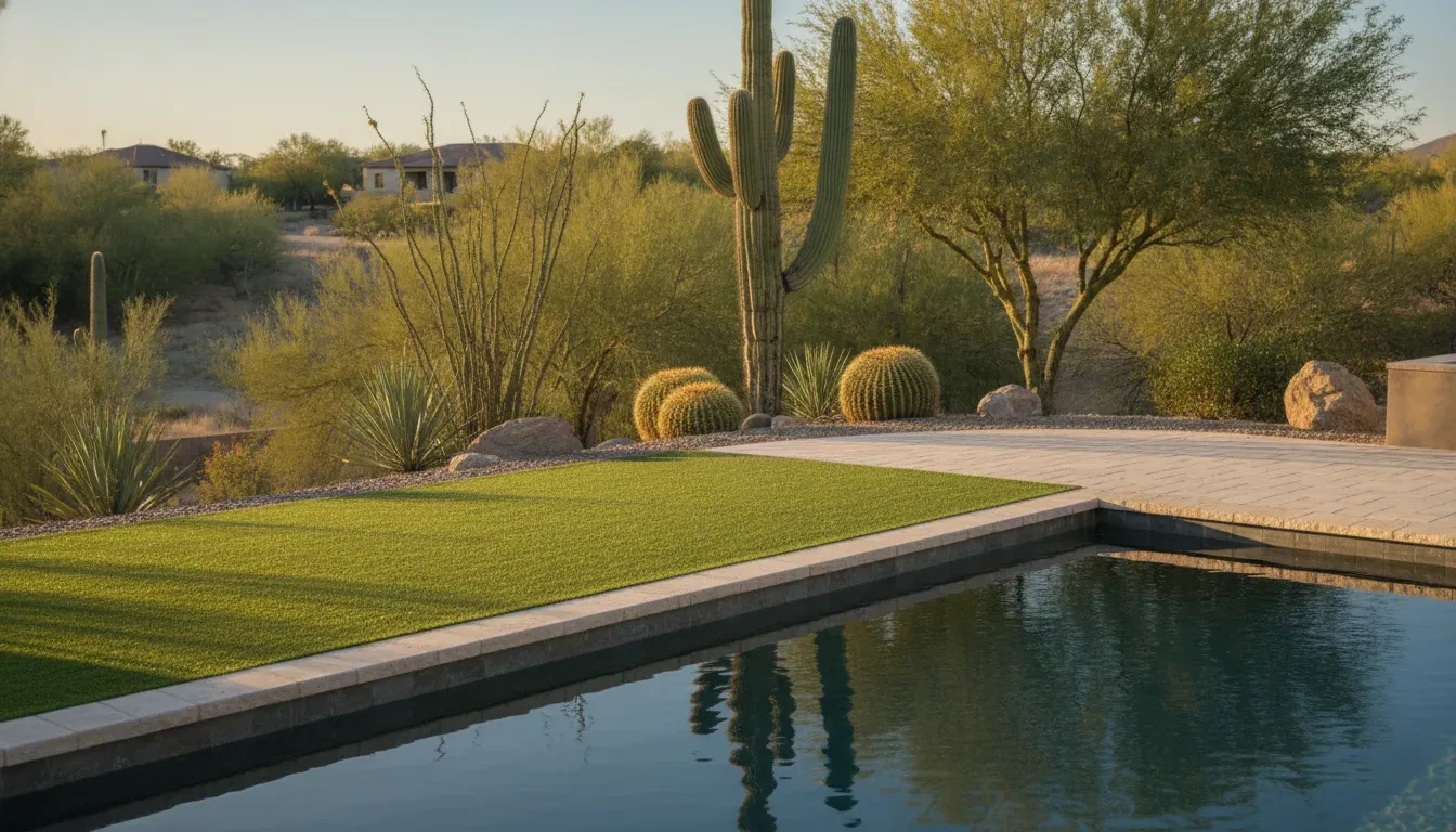 Artificial turf meeting a paver patio beside a Phoenix pool