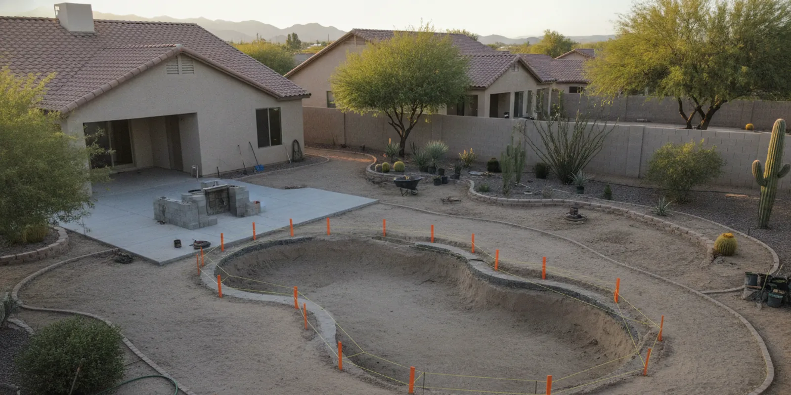Pool construction underway in a planned desert backyard with patio and landscaping areas mapped out