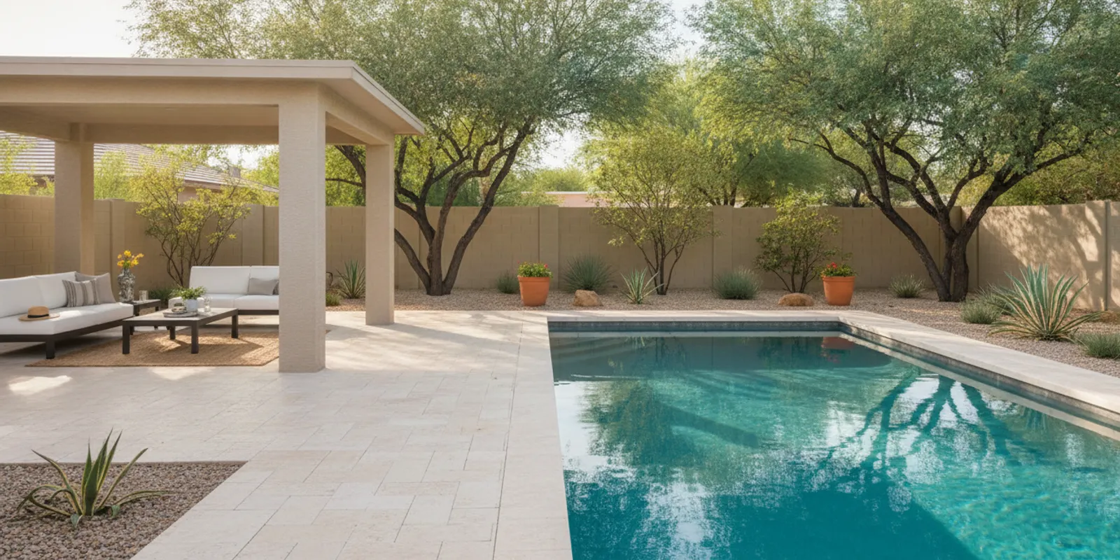 Arizona pool area with shaded seating, low-water planting, and a light-colored deck