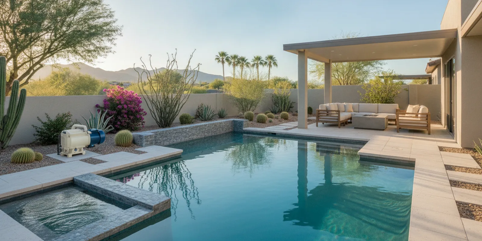 Modern Arizona backyard pool with efficient pump equipment and evening LED lighting