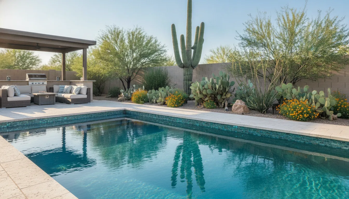 Blue-green glass tile waterline beside desert landscaping in an Arizona pool
