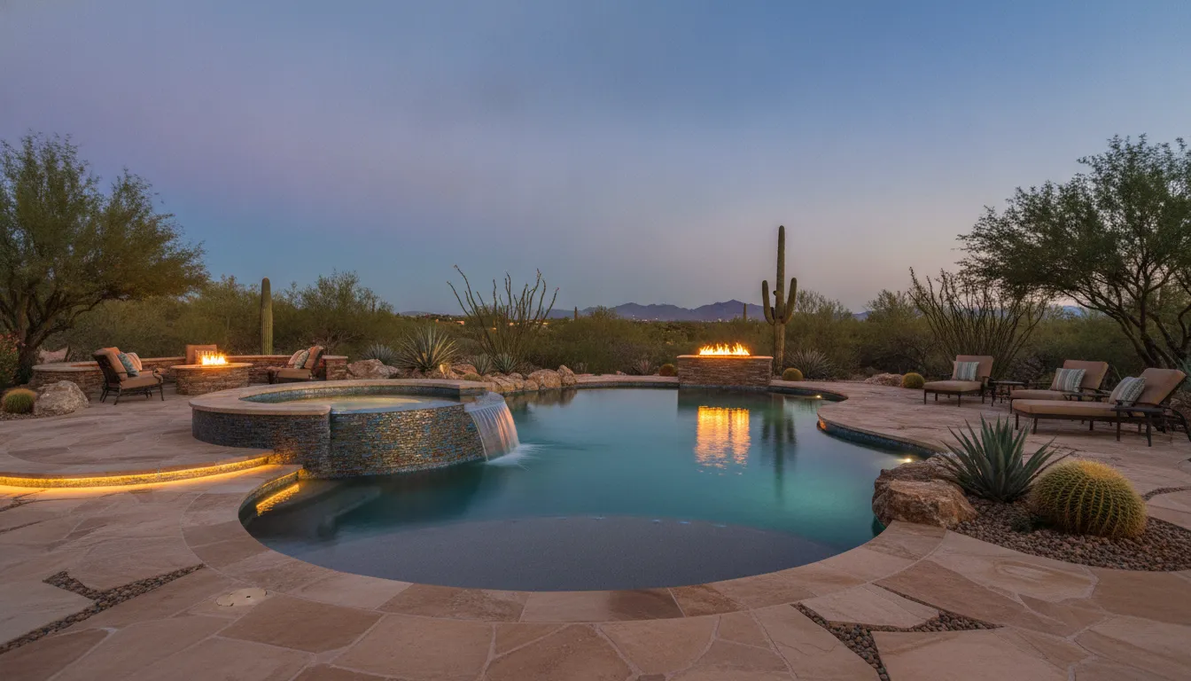 Glass tile spa spillover and illuminated pool in an Arizona desert backyard at dusk