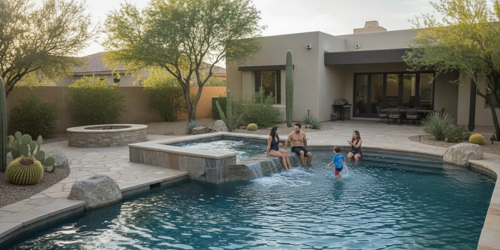 Arizona family relaxing beside a backyard pool and spa in the late afternoon