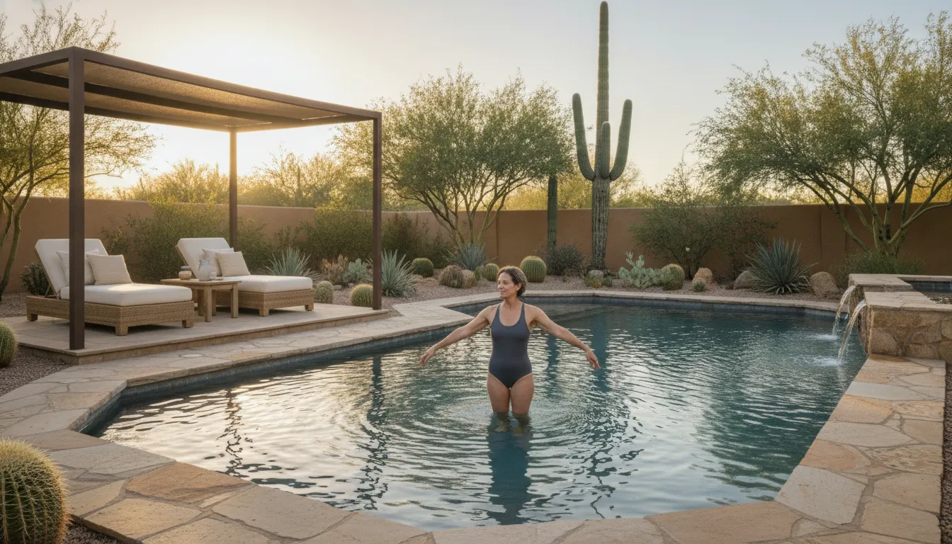 Arizona homeowner doing gentle water exercise in a desert-friendly backyard pool
