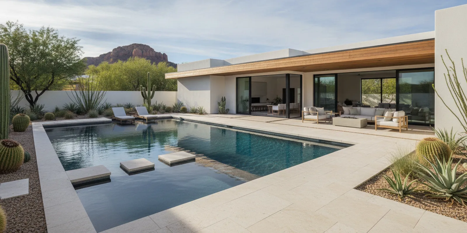 A well-designed Phoenix-area backyard pool beside a modern home