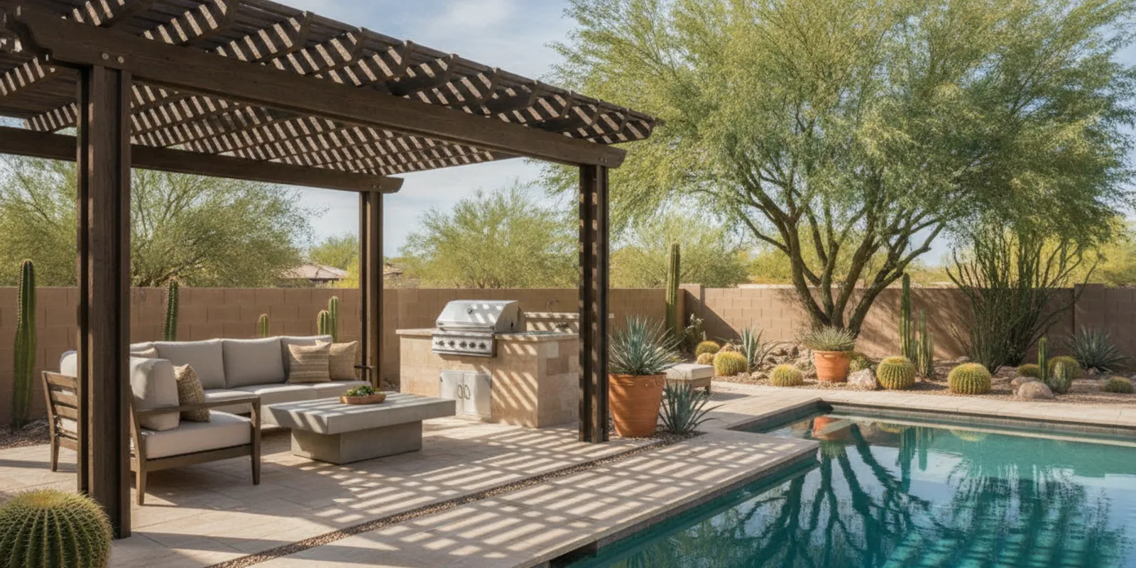 A shaded pergola beside a Phoenix-area backyard pool and patio