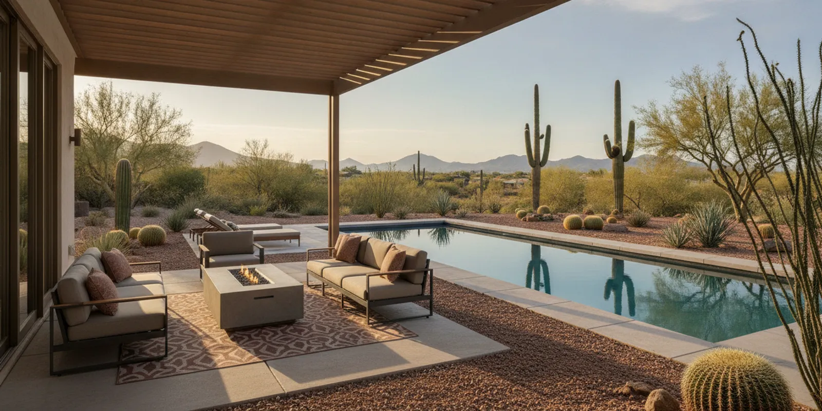 A shaded Phoenix backyard patio with a thoughtfully designed cover beside a swimming pool