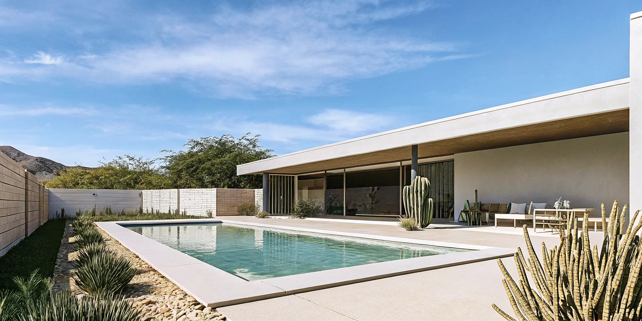 Completed custom pool with blue water, travertine deck, and desert landscaping in a Phoenix backyard with mountain backdrop