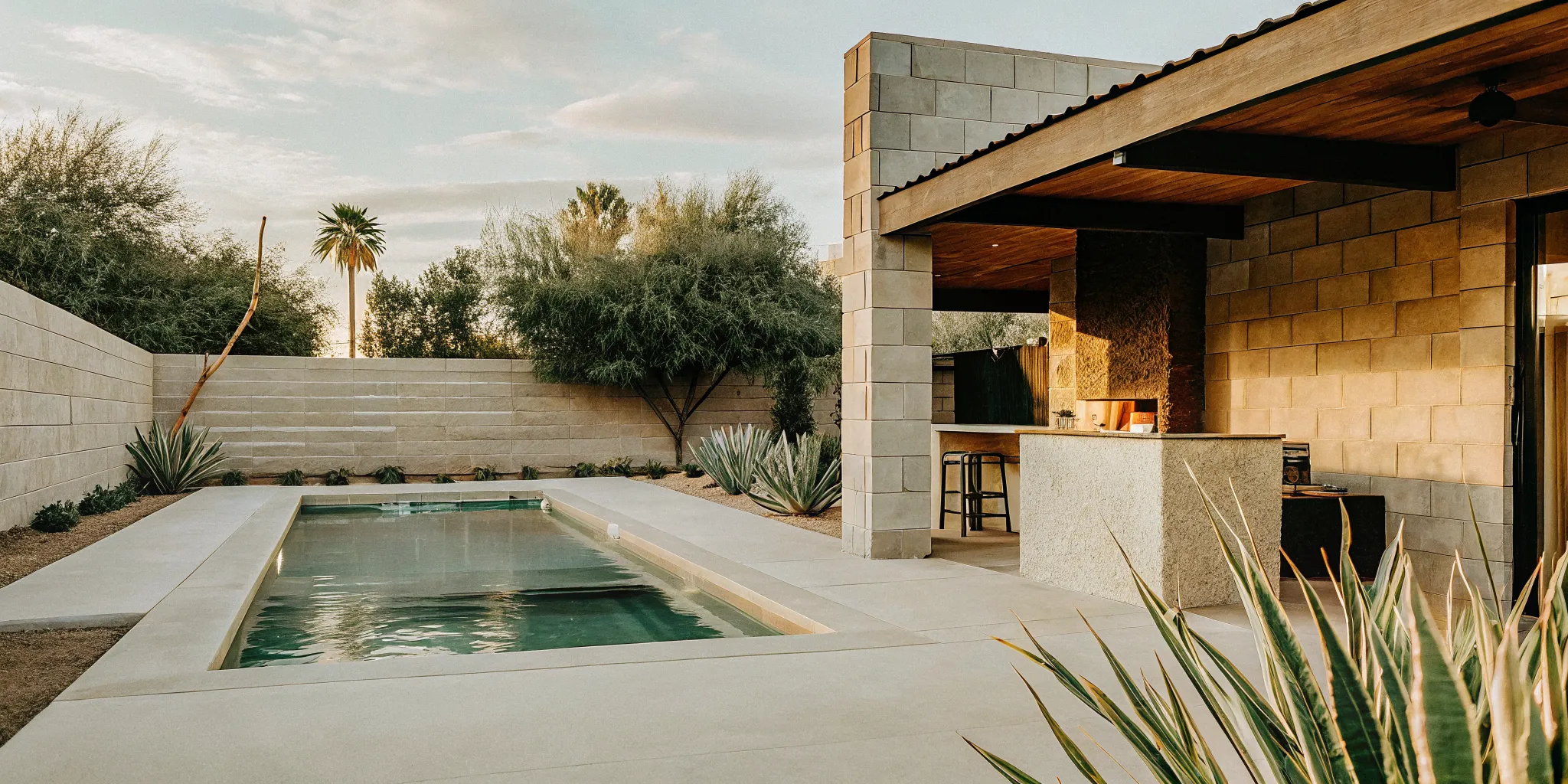 Completed Arizona backyard transformation with custom pool, covered patio, outdoor kitchen, and desert landscaping at sunset